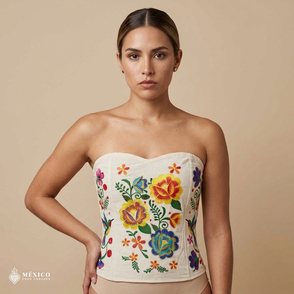 Mexican Embroidered Cotton Manta Corset Top – Handmade Floral Artisan Blouse